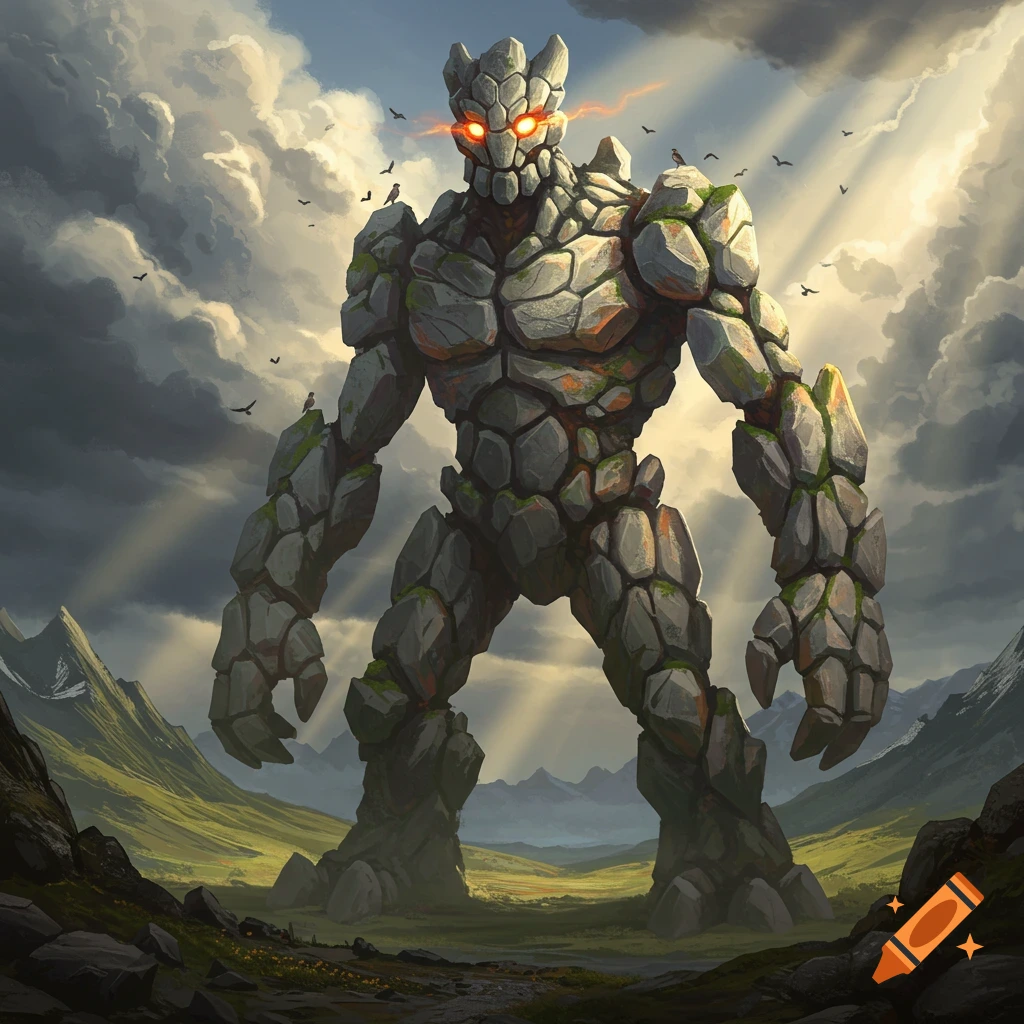 A colossal rock golem with glowing red eyes stands in a vibrant valley under a dramatic sky. Fantasy art.