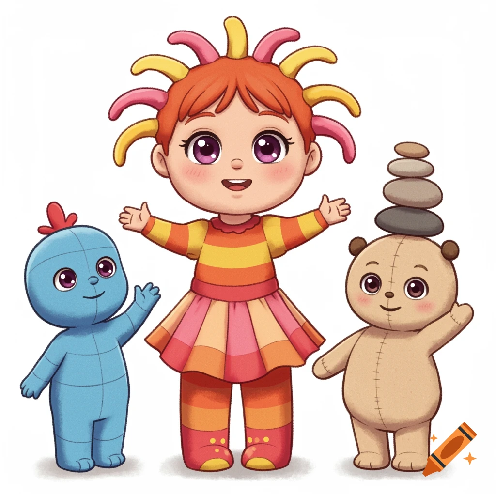 Chibi illustration of Upsy Daisy, Iggle Piggle, and Makka Pakka from In the Night Garden. Upsy Daisy is central, with Iggle Piggle and Makka Pakka flanking her.