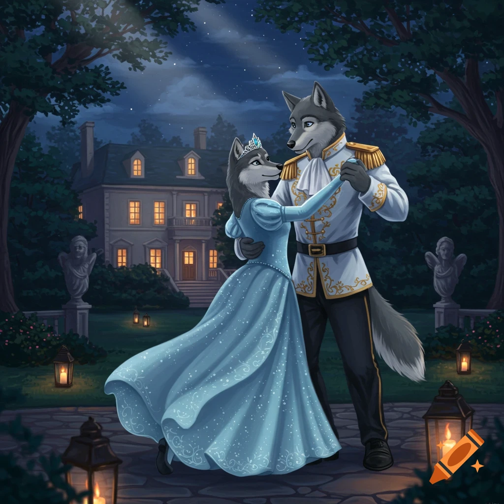 An anthropomorphic gray wolfess in a blue princess gown and a male gray wolf in a prince outfit dance outside an estate at night.