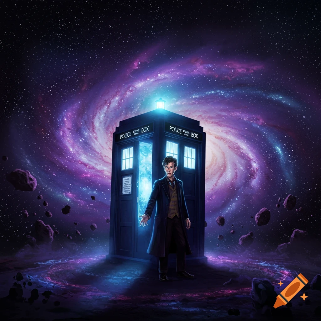 The Doctor stands beside the glowing TARDIS in a vibrant purple and blue galaxy filled with asteroids.