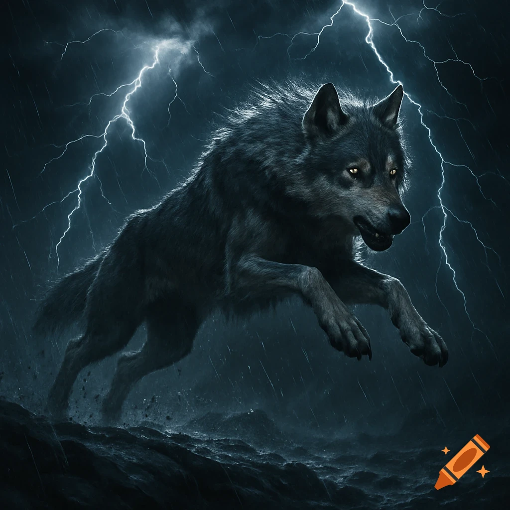 A powerful dark wolf with glowing eyes runs through a stormy night, illuminated by bright lightning flashes.