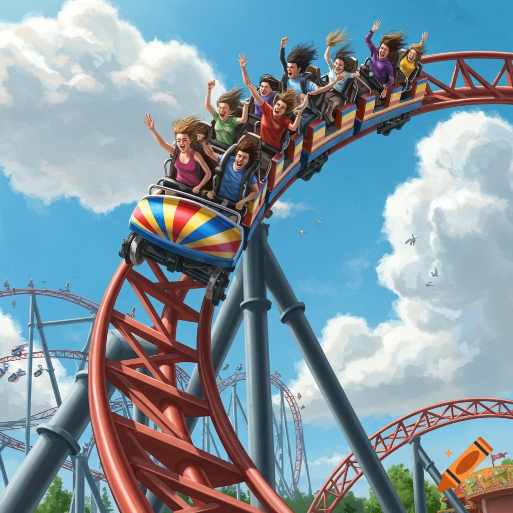 Illustrative image of excited people riding a red rollercoaster under a blue sky with clouds in an amusement park.