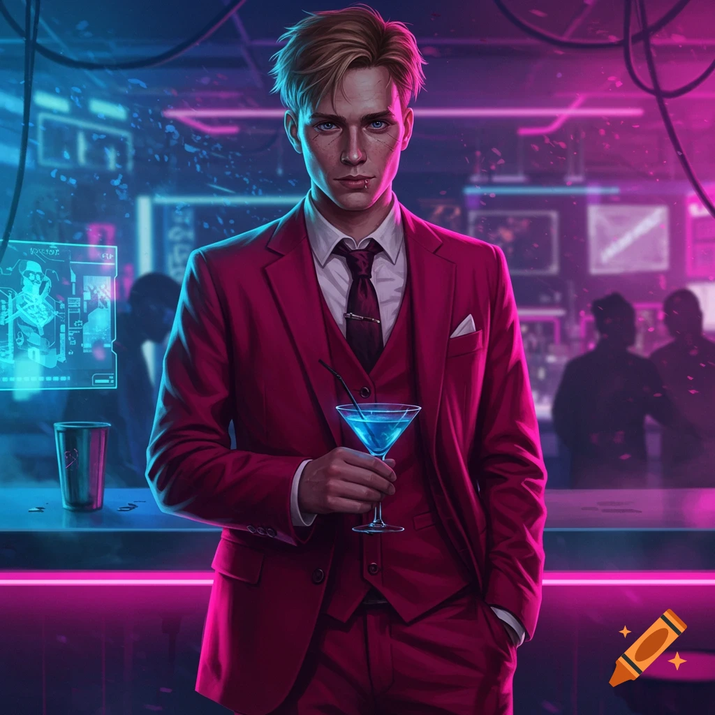 A young man in a red suit holds a blue cocktail at a neon-lit cyberpunk bar.