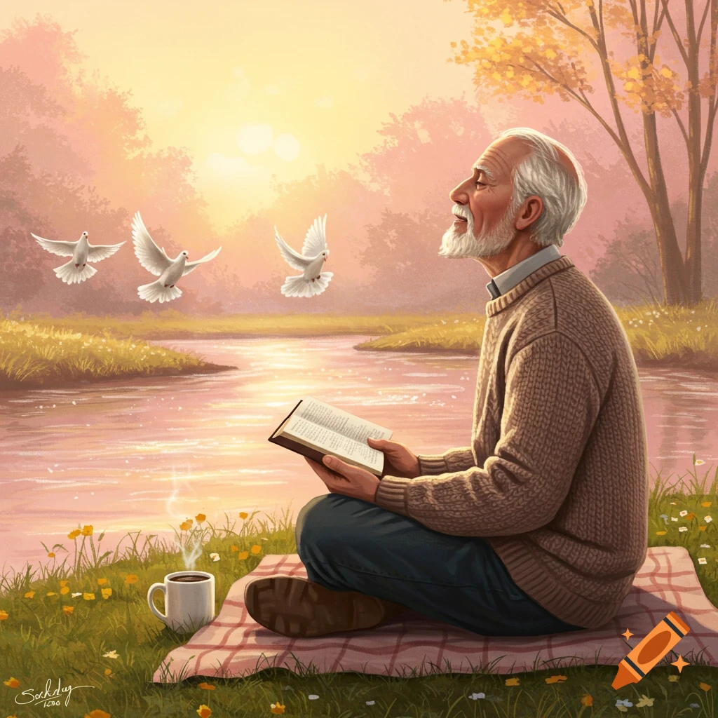 An old man sits cross-legged by a river at sunrise, reading a book with doves flying, a coffee cup beside him, in a digital painting.