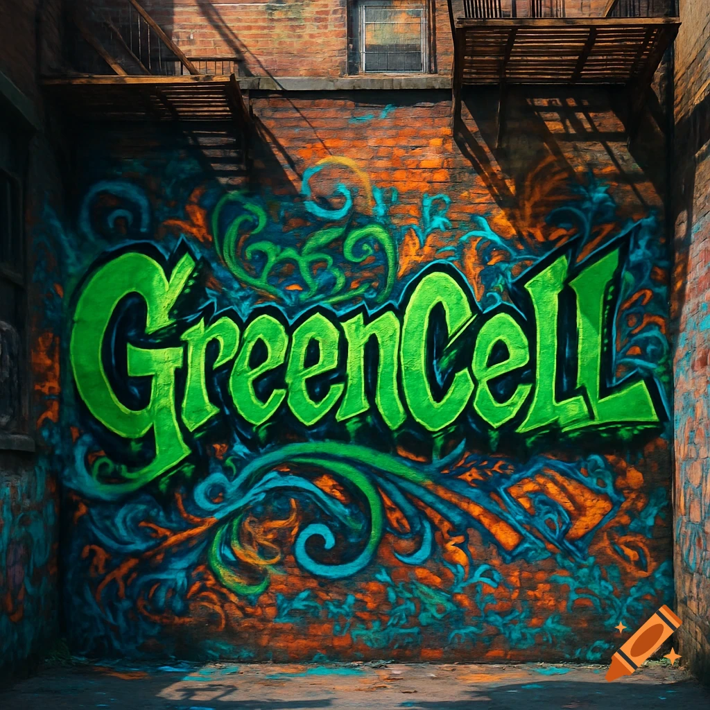 A photorealistic image of a brick wall covered in vibrant green and blue graffiti spelling 'GreenCell' amidst swirling patterns. Fire escapes are visible above.