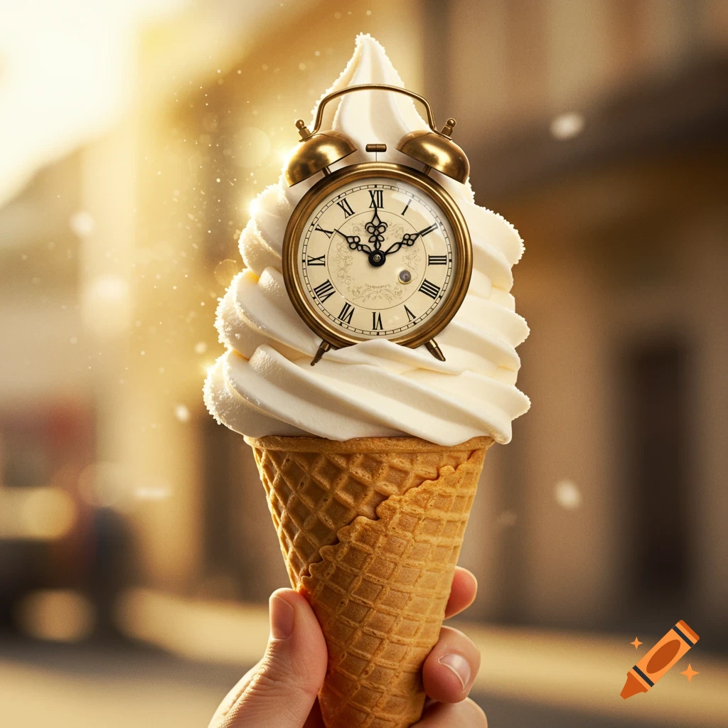A hand holds a vanilla ice cream cone topped with a golden alarm clock, glowing in sunlight.