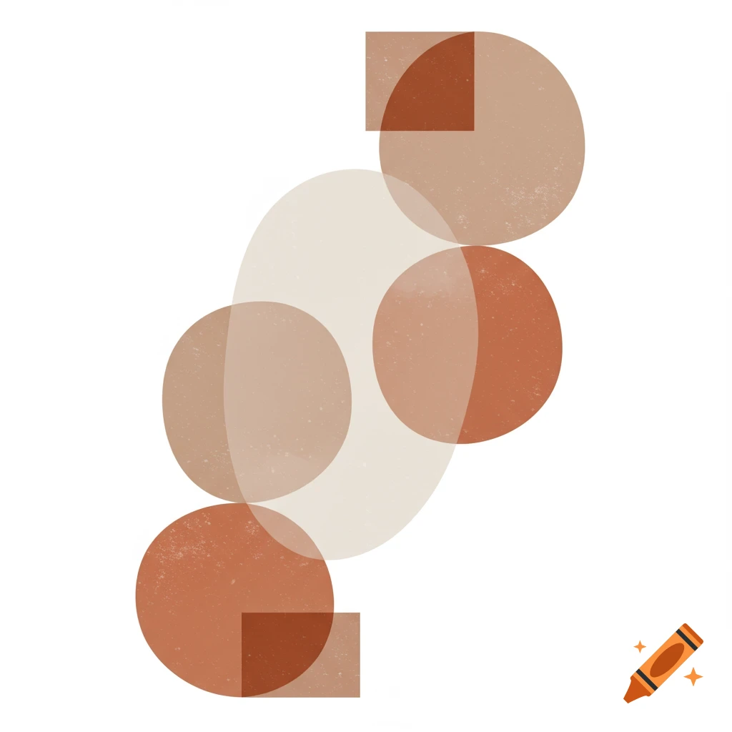 Abstract minimalist art with overlapping beige and terracotta geometric shapes on a white background.