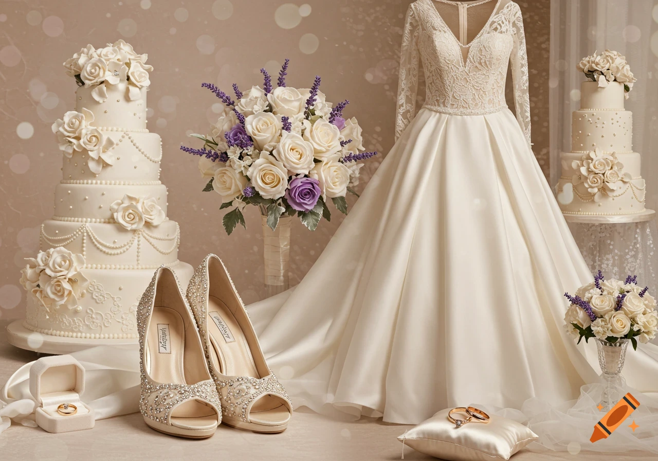 A lavish display of wedding items including a white bridal gown, two tiered cakes, embellished high heels, white and purple flower bouquets, and wedding rings. Photorealistic style.