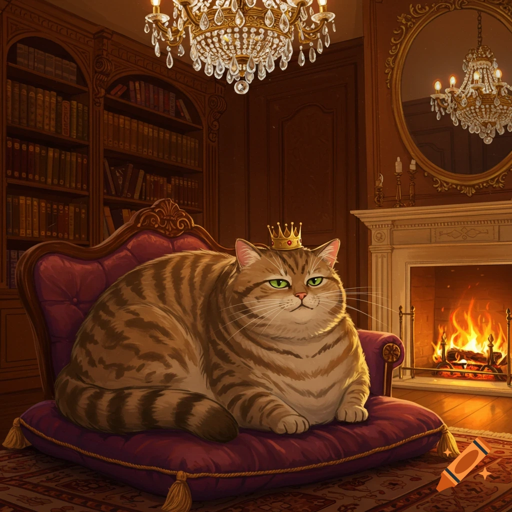 A large, striped cat with a golden crown sits on a purple armchair in a luxurious room with a fireplace and bookshelves.