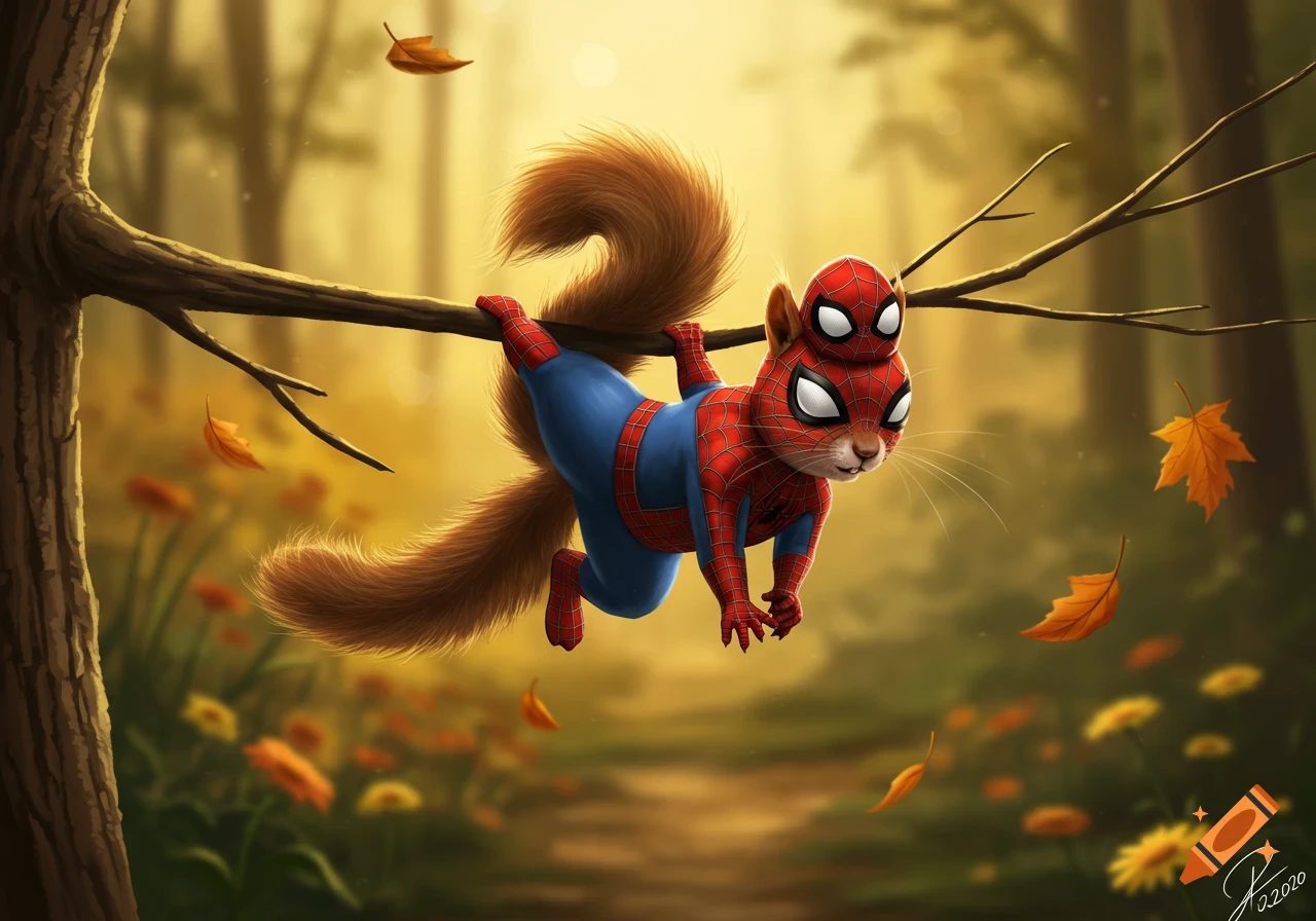A cute cartoon squirrel in a Spider-Man costume hangs upside down from a tree branch in a sunlit autumn forest.