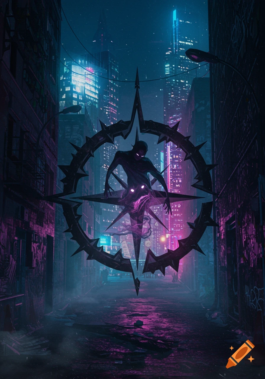 A shadowy spirit with glowing eyes emerges from a spiked star symbol in a dark, neon-lit urban alleyway.