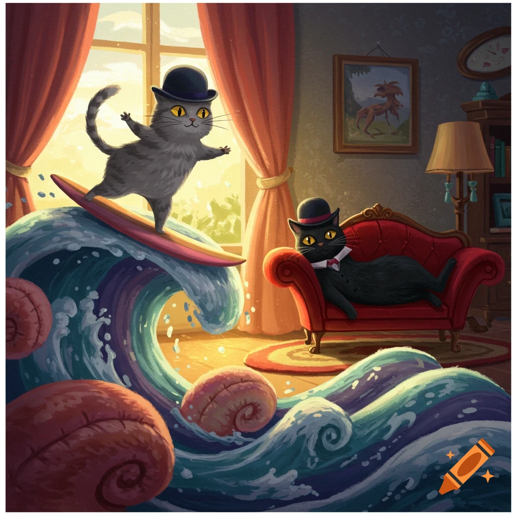 A whimsical illustration of a grey cat in a bowler hat surfing a wave inside a living room, while a black cat in a bowler hat relaxes on a red couch.