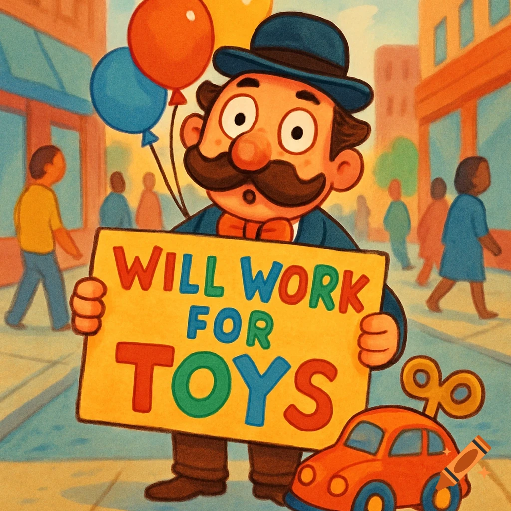 Cartoon man with a mustache and bowler hat holds a 'WILL WORK FOR TOYS' sign, with balloons and a toy car on a city street.