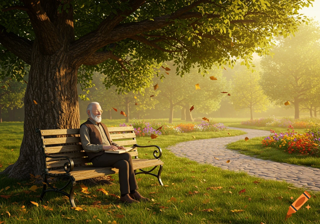 Elderly man with white beard sits on a park bench under a tree, reading a book. Autumn leaves fall in a sunny park.