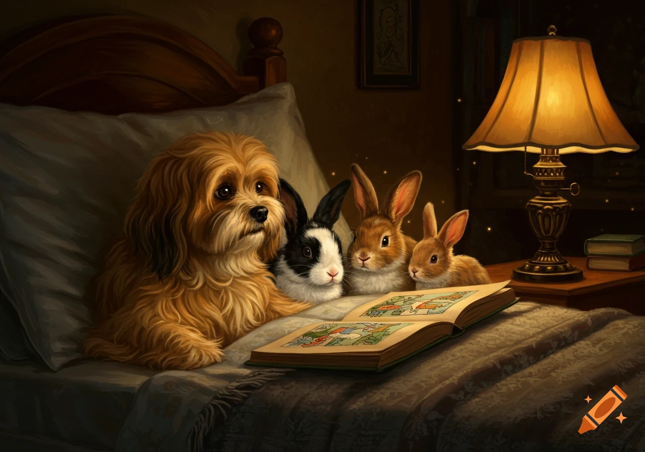 A fluffy brown dog, a black-and-white rabbit, and two brown rabbits are on a bed, looking at an open storybook by lamplight in a painterly style.