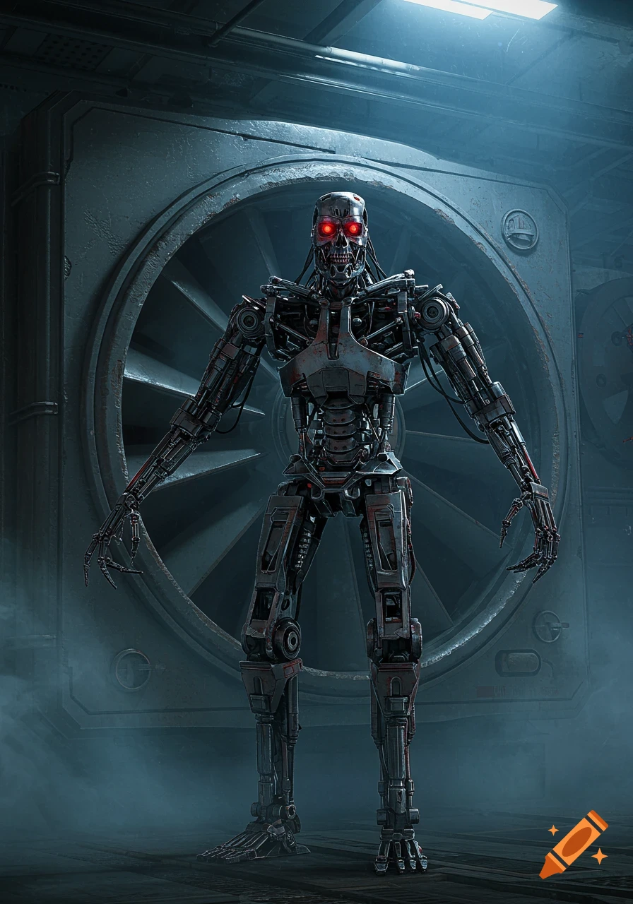 A detailed metallic skeletal robot with glowing red eyes stands in a dark, industrial room with a large fan.