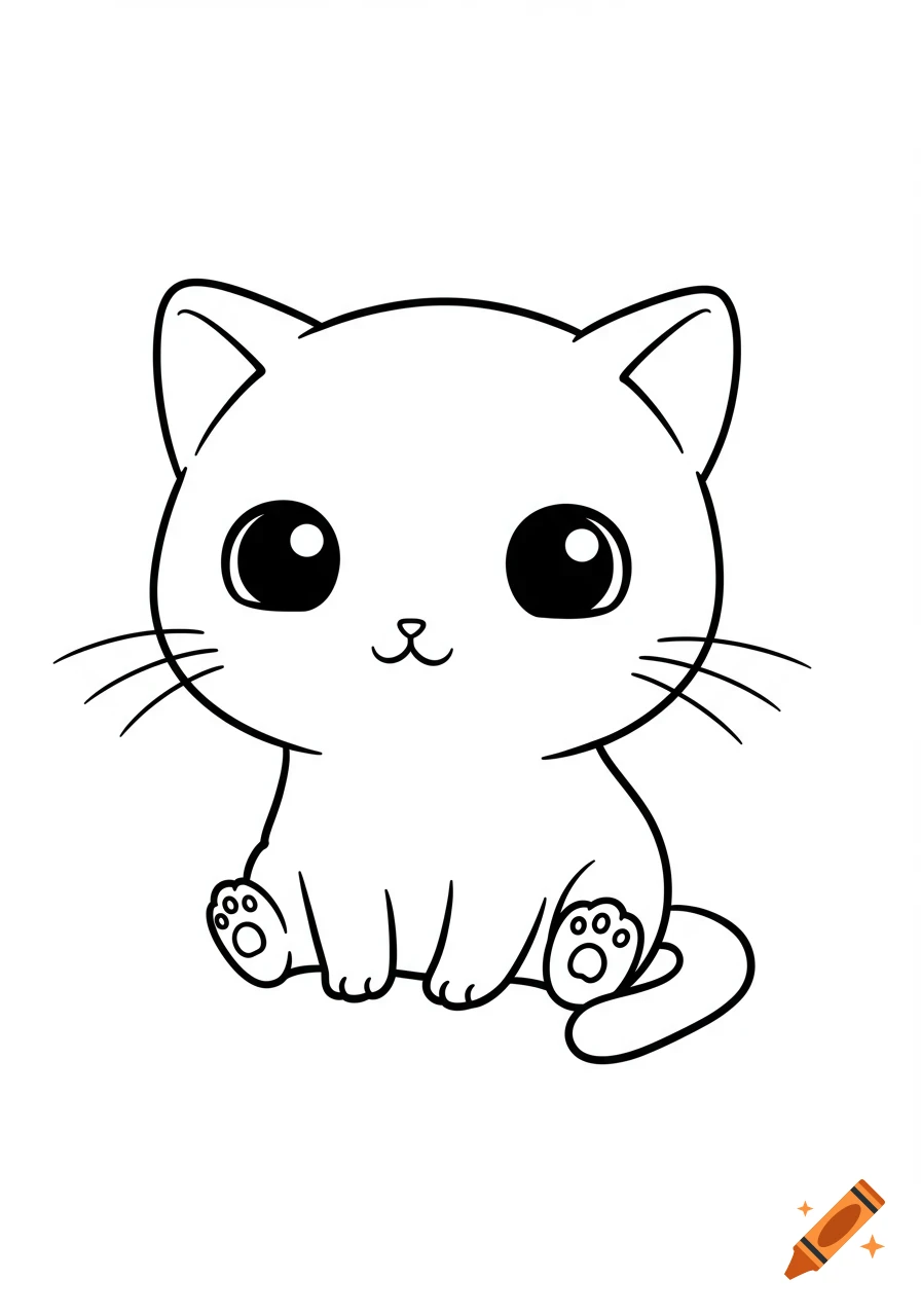 A simple black and white line art drawing of a cute, sitting chibi cat with big eyes, suitable for a coloring page.
