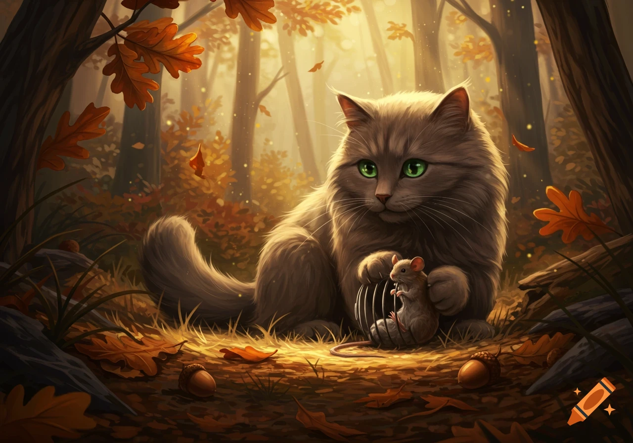 A fluffy dark gray cat with green eyes in an autumn forest holds a small cage containing a mouse, in an illustrative fantasy style.