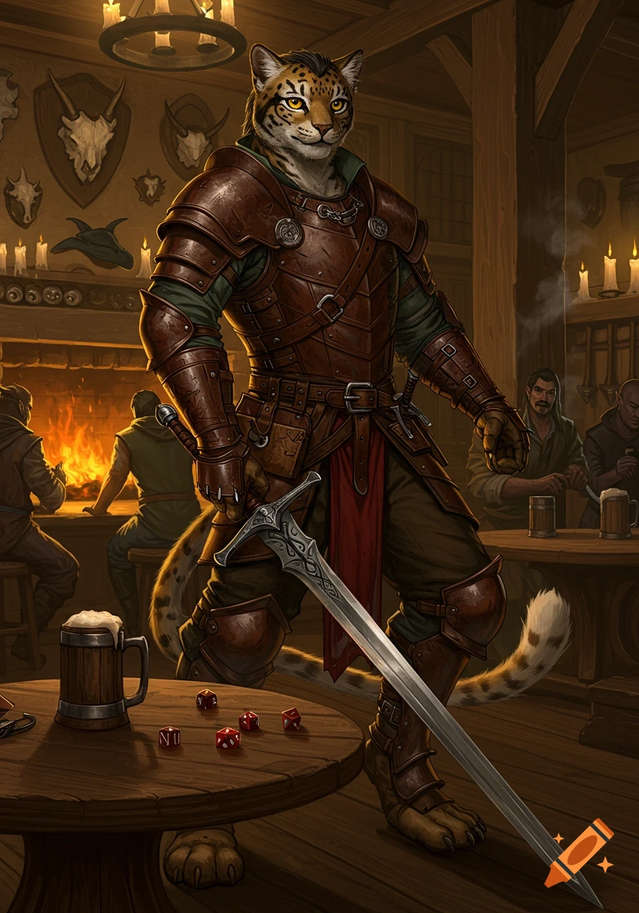 A male tabaxi fighter in intricate leather armor stands in a warm, dimly lit tavern, holding a large sword.