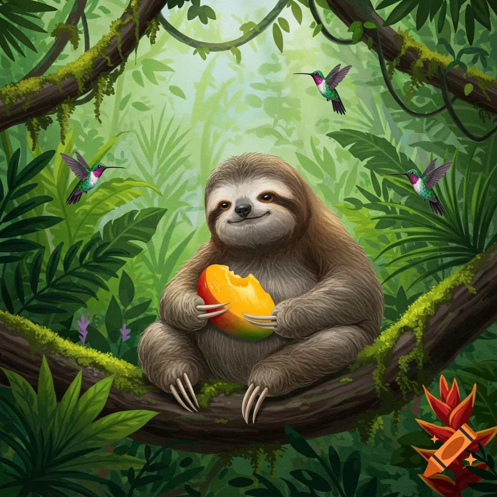 An illustrated sloth sits on a jungle branch, happily eating a bitten mango, with hummingbirds flying nearby.