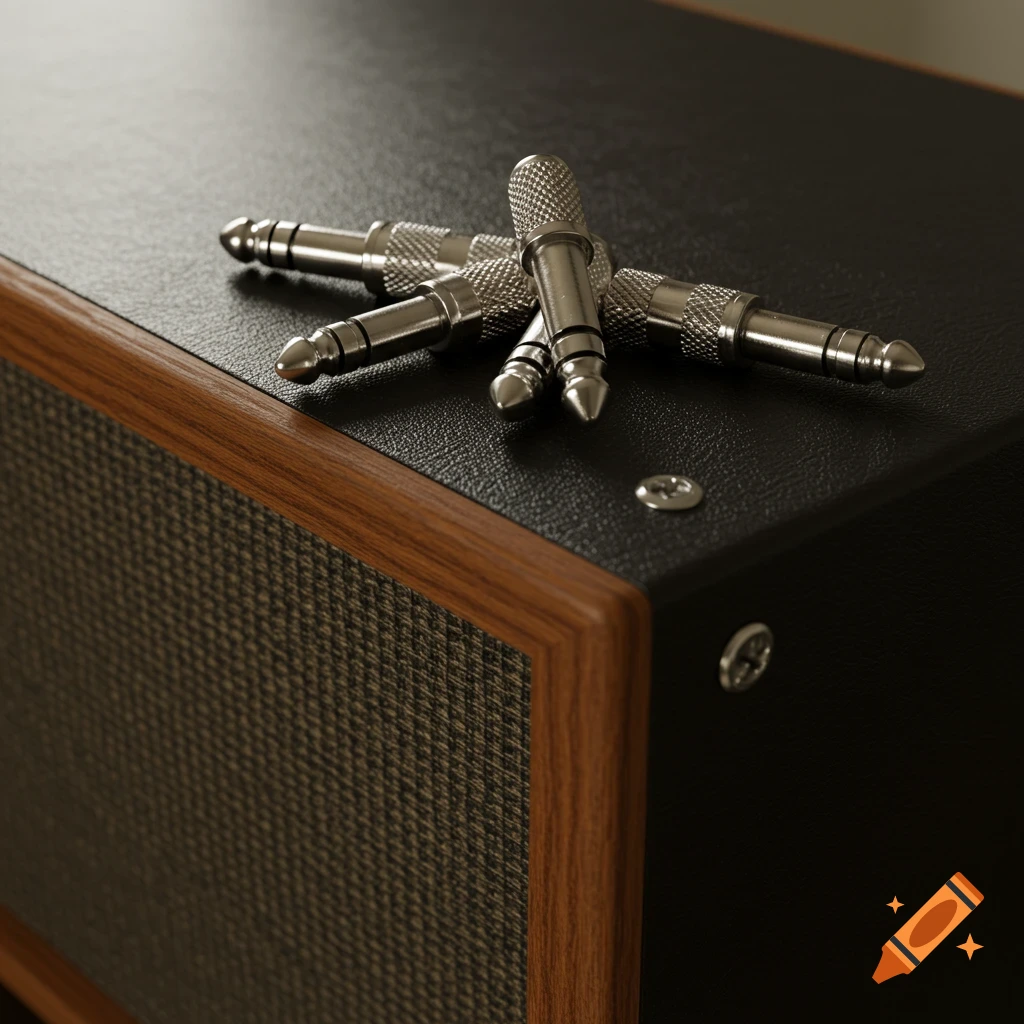 Four silver audio jack plugs rest on a black speaker cabinet with a wooden frame and fabric grille.