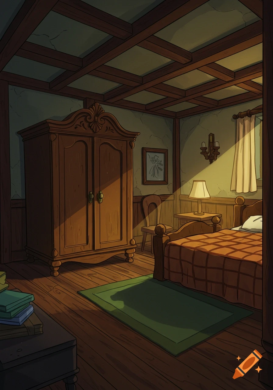 A cartoon German cottage-style bedroom with a large wooden wardrobe, a bed with a plaid bedspread, and sunlight streaming through a window.