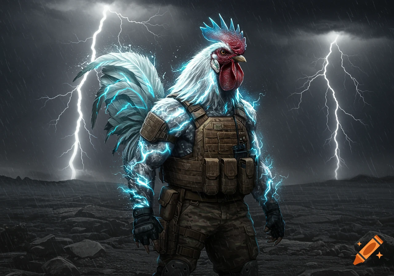 A powerful rooster in military tactical gear glowing with blue lightning stands in a stormy, rocky landscape with lightning strikes.