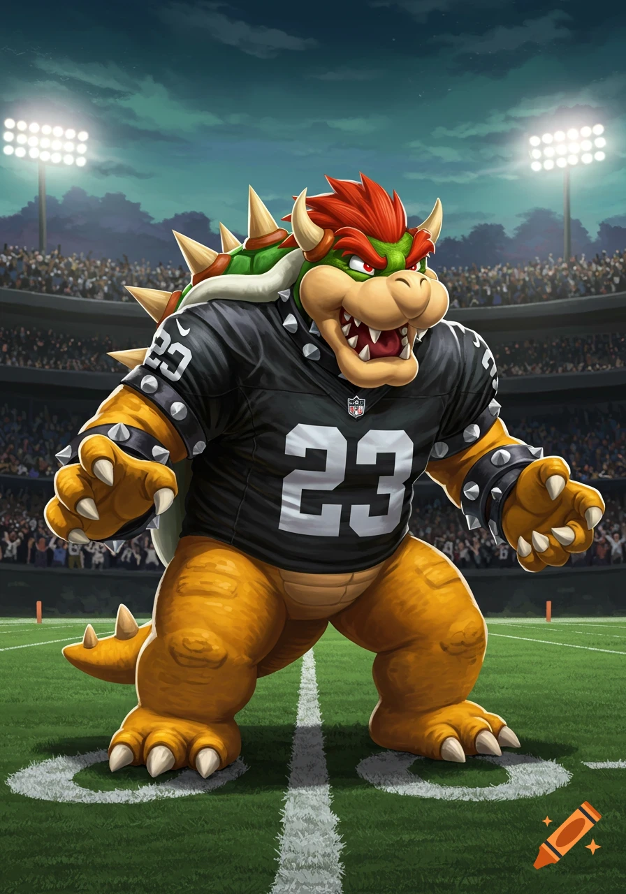 Bowser from Super Mario, wearing a black football jersey with number 23 and spiked wristbands, stands on a stadium football field at night.