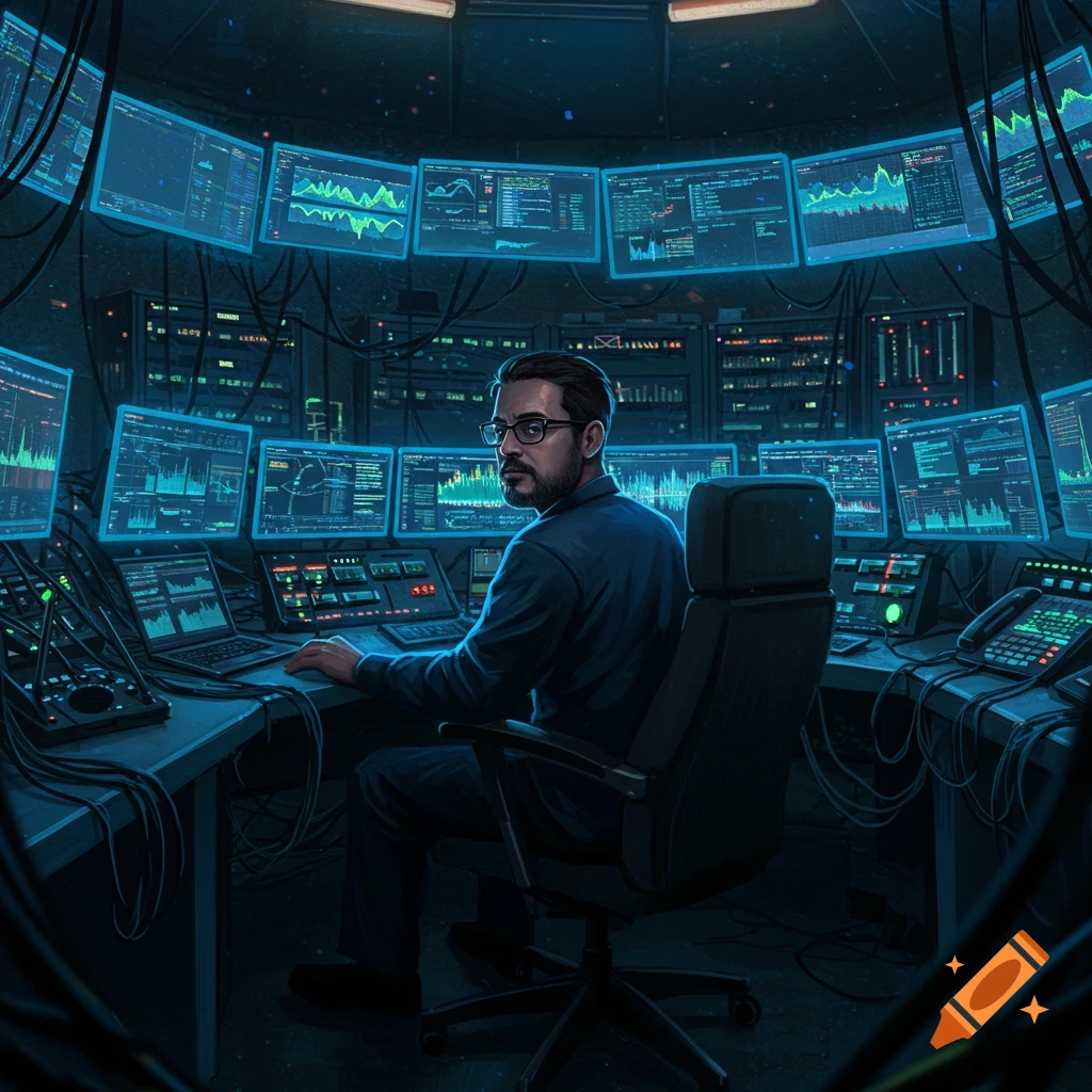 A bearded man in glasses sits in a dark, high-tech control room, surrounded by glowing blue monitors with graphs, looking over his shoulder.