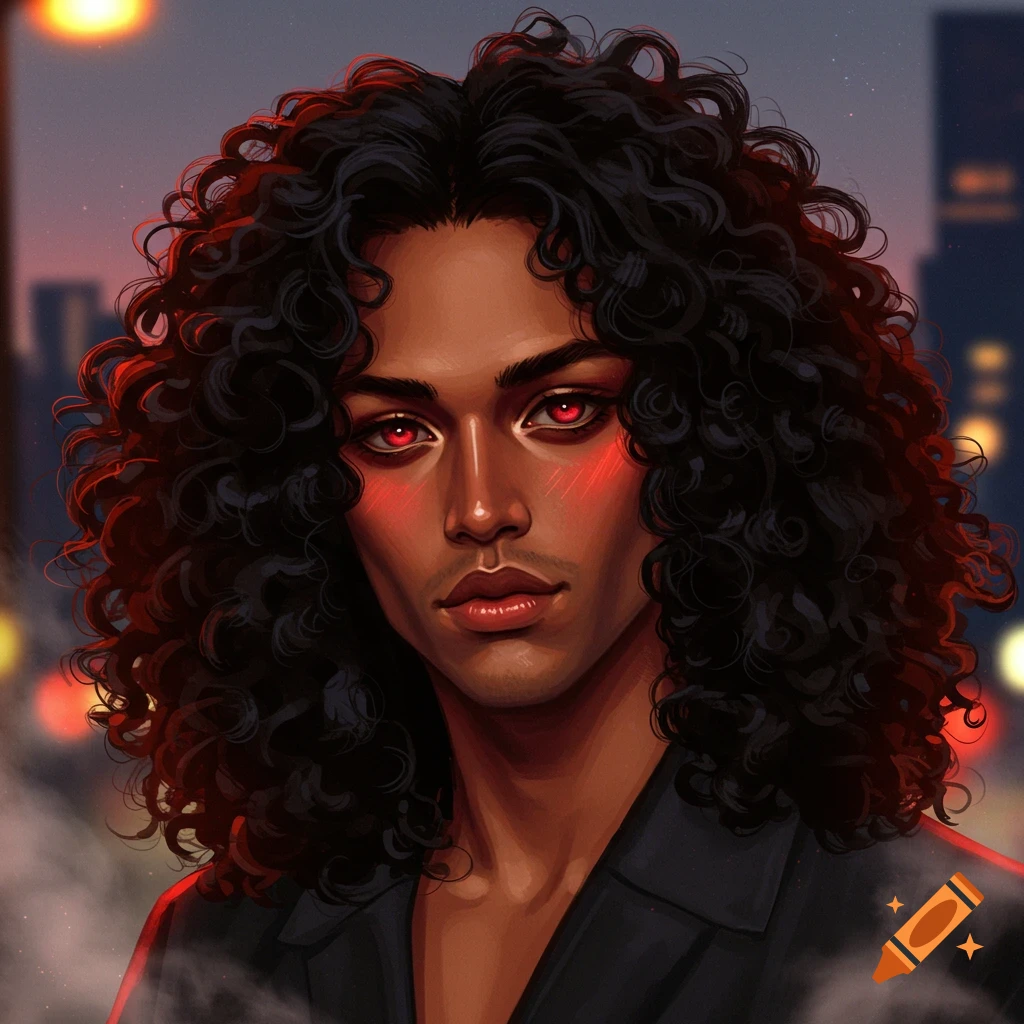 A close-up digital art portrait of a person with dark curly hair, light caramel skin, and glowing red eyes, against a blurred city background.