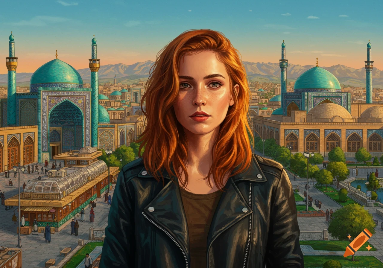 A vibrant illustration of a red-haired woman in a leather jacket standing before a city of blue-domed mosques and minarets.