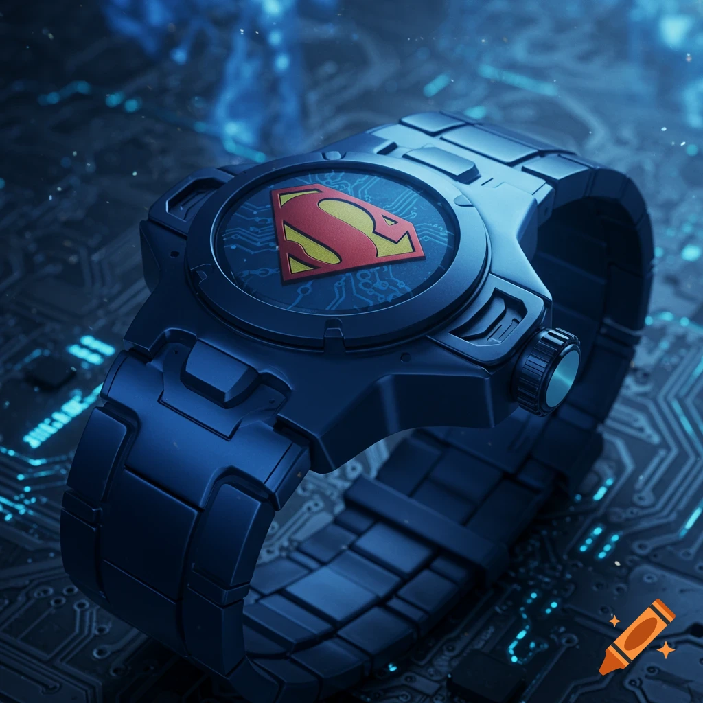 Close-up of a dark blue, futuristic watch with a red and yellow Superman logo on its face, resting on a glowing circuit board.
