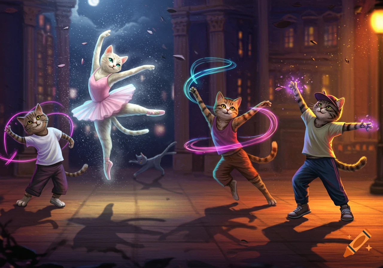 Anthropomorphic cats dance on a city street at night. A ballet cat twirls under a full moon, while others perform with glowing magical ribbons.