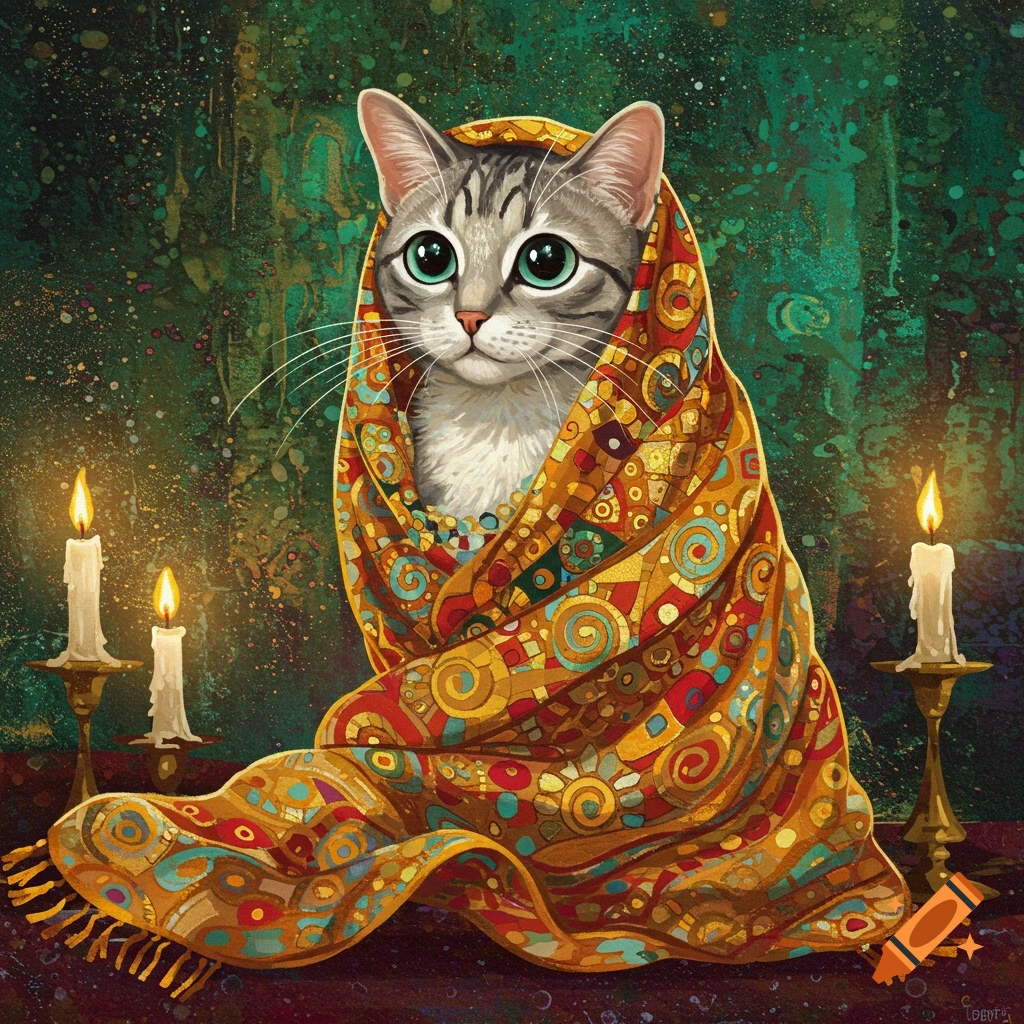 A gray tabby cat with large green eyes, wrapped in a richly patterned orange and blue blanket, sits between two lit candles in a dark, textured setting, reminiscent of Klimt's style.