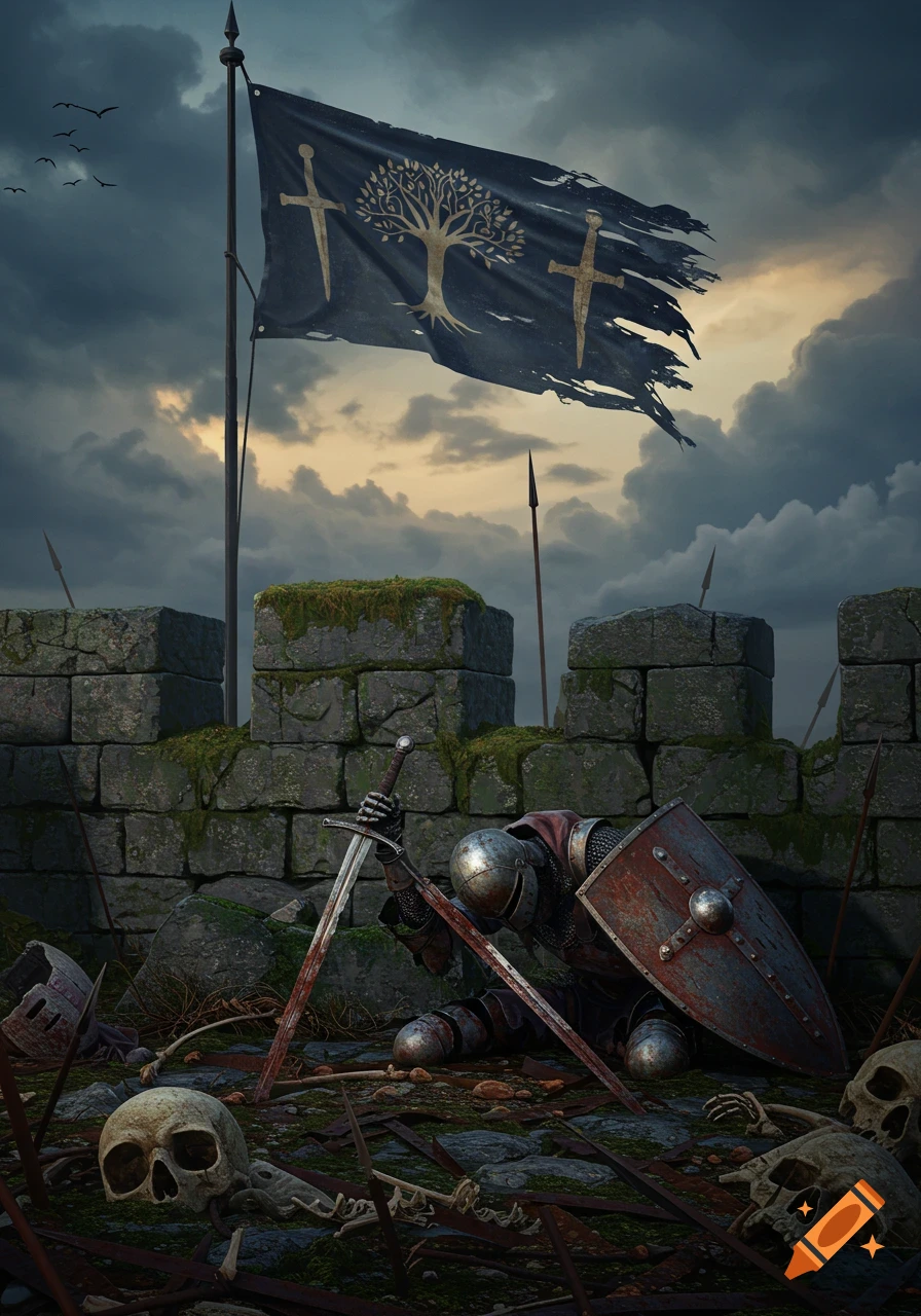 A knight in worn armor kneels with a bloodied sword and shield on a battlefield littered with skulls, under a tattered flag with tree and sword symbols, against a stormy sky.