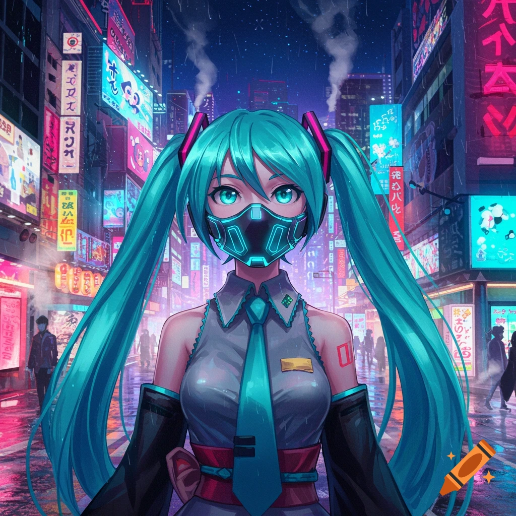Anime character Hatsune Miku in a futuristic mask stands in a neon-lit cyberpunk city at night.
