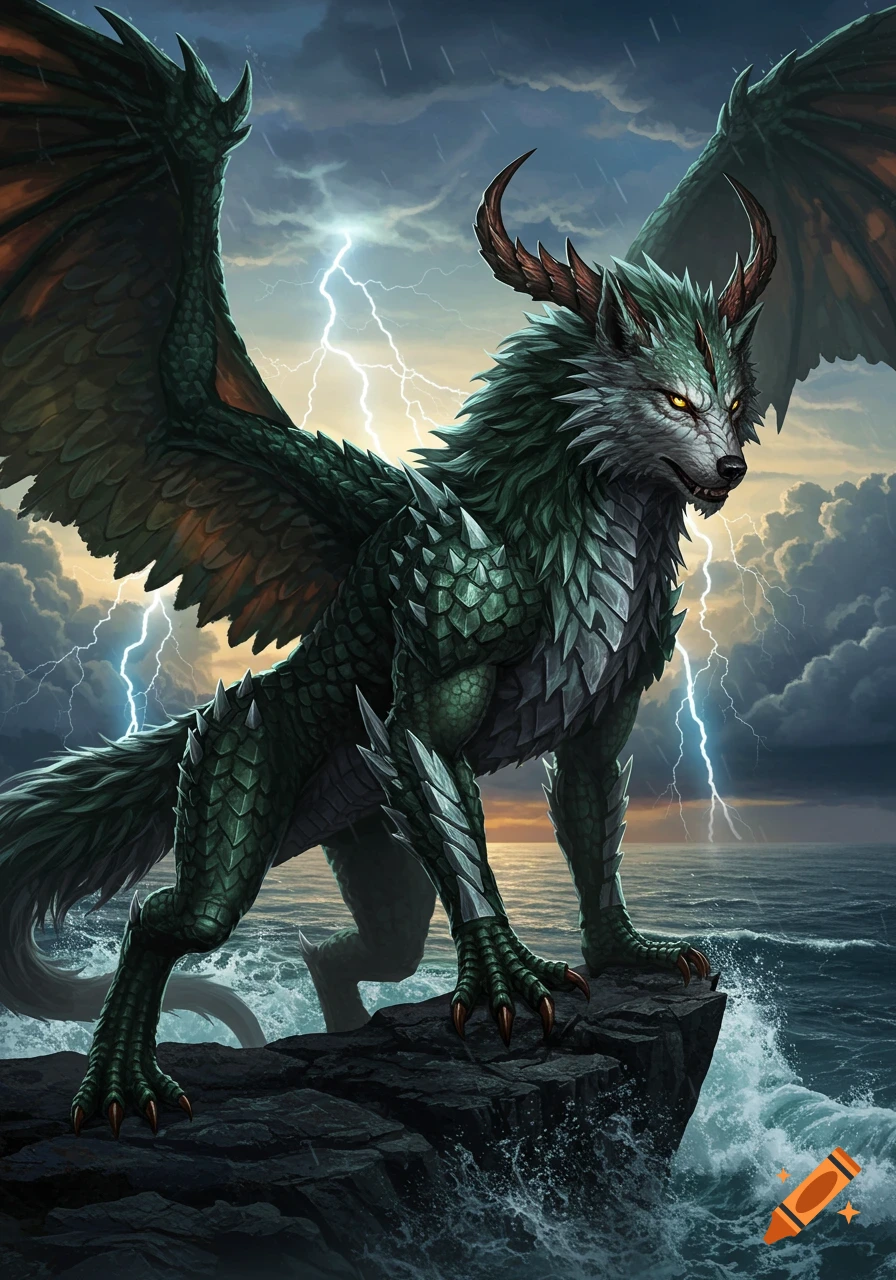 A majestic green dragon-wolf hybrid with large wings and horns stands on a rocky outcrop amidst a stormy sea with lightning.