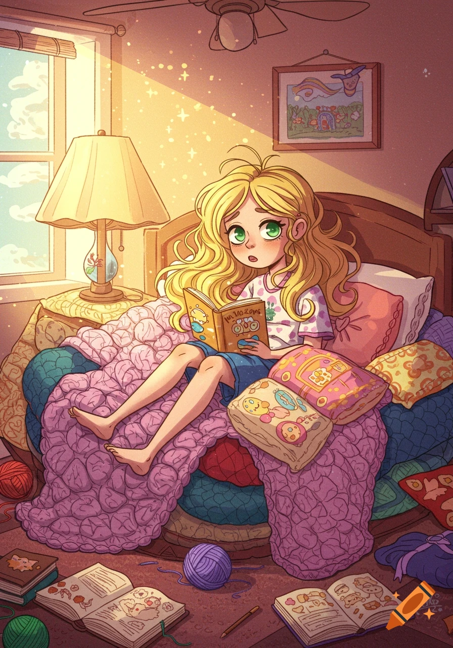 A cartoon girl with long blonde hair and green eyes reads a book while sitting on a bed covered in crochet blankets and pillows, in a sunny room.
