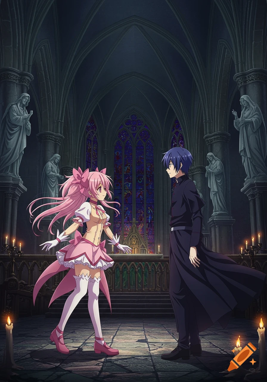 Anime girl with pink hair and boy with blue hair face each other in a dark, ornate gothic church with stained glass and candles.