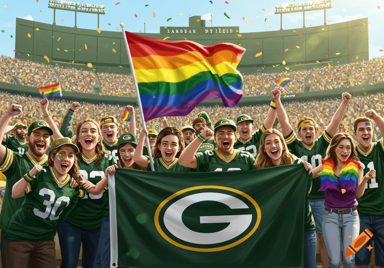 A vibrant image shows diverse Green Bay Packers fans cheering in a stadium, holding a large rainbow flag and a Packers flag. Confetti falls.