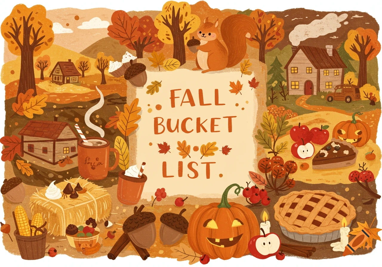 A cute fall illustration featuring a 'FALL BUCKET LIST' sign, a squirrel, pumpkins, pies, autumn leaves, and cabins.