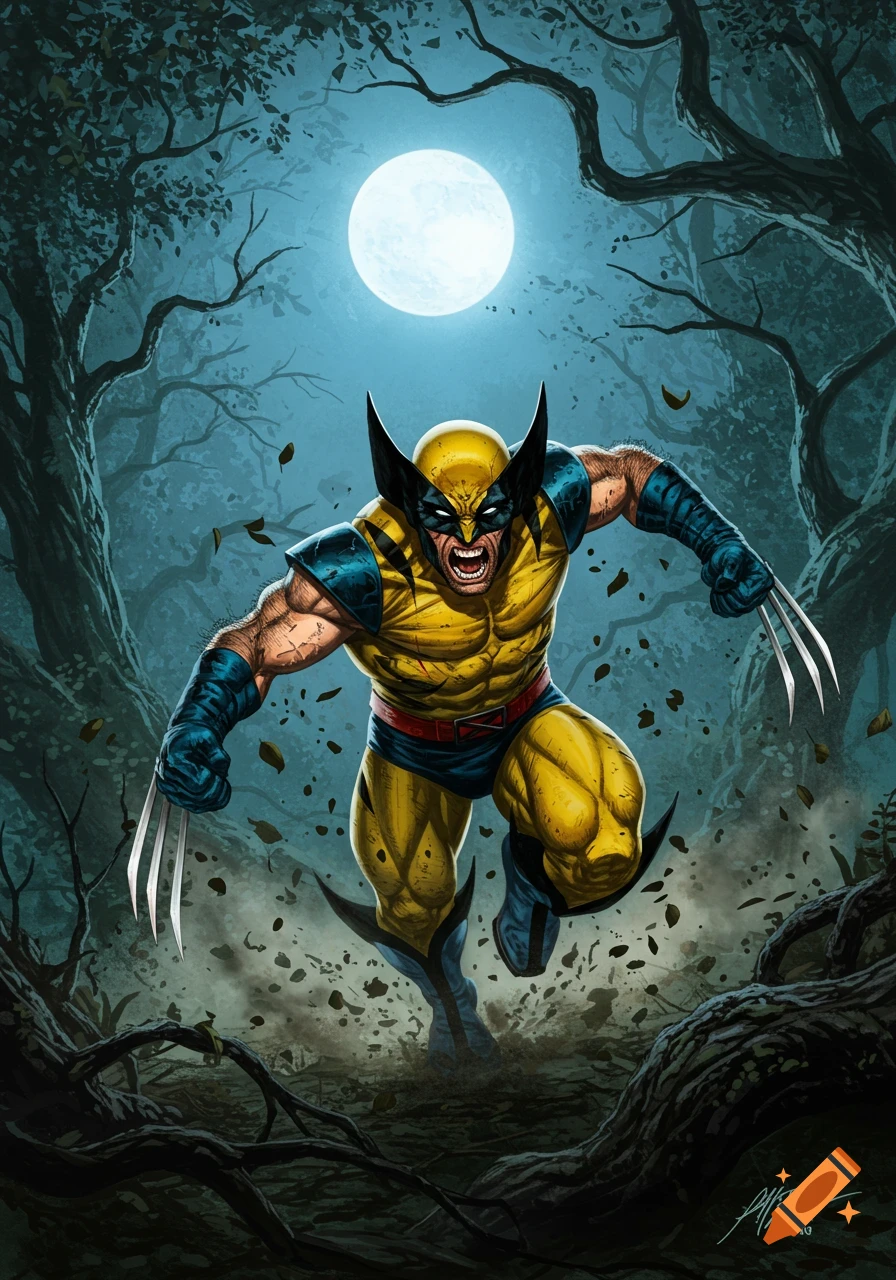 Wolverine pounces through a dark forest under a full moon, claws extended, in a dynamic comic book art style.