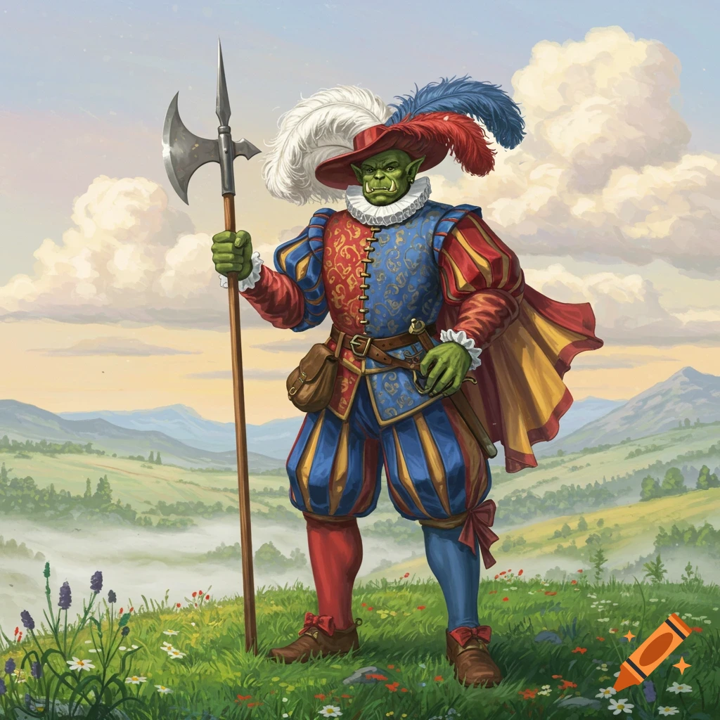 A fantasy illustration of a green-skinned orc in colorful Landsknecht clothing and a feathered hat, holding a halberd, standing on a grassy hill.