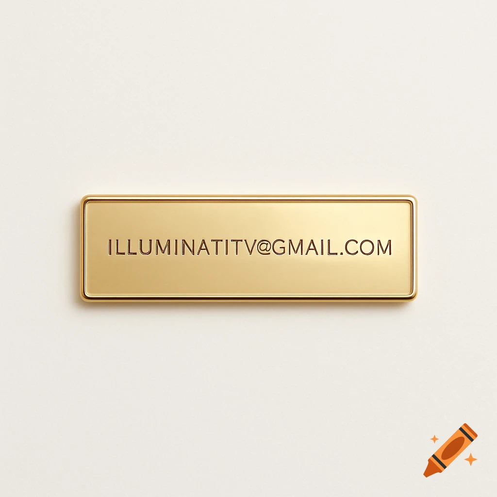 A photorealistic image of a thin rectangular gold metal plate with "ILLUMINATITV@GMAIL.COM" engraved on it, set against a white background.