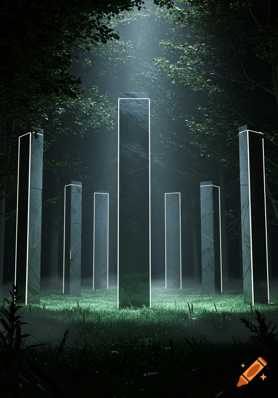 Seven dark rectangular columns with glowing white outlines stand in a misty, moonlit forest, illuminated by a beam of light.