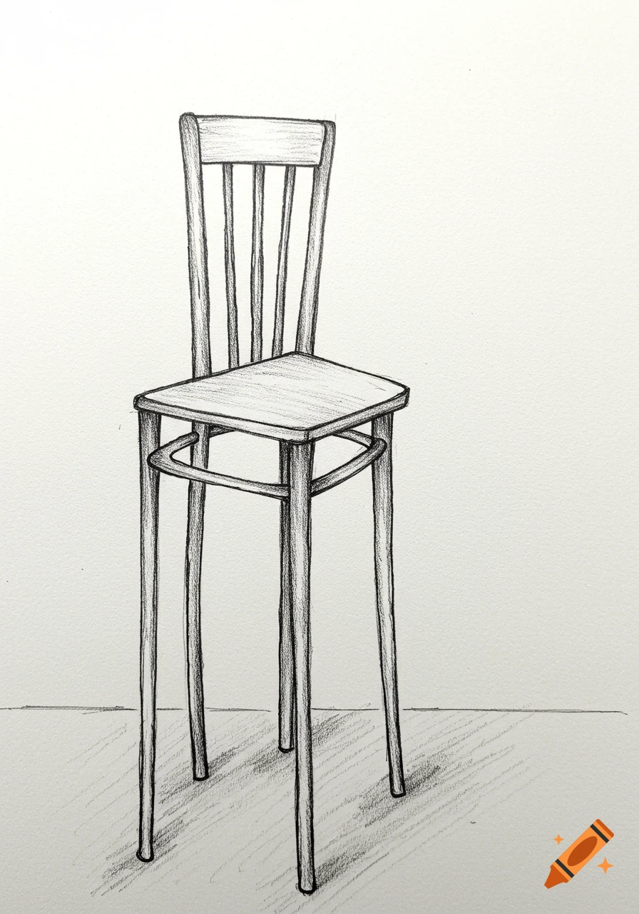 A pencil drawing of a tall, thin wooden chair with a small seat, in a style resembling a 7th grader's sketch.