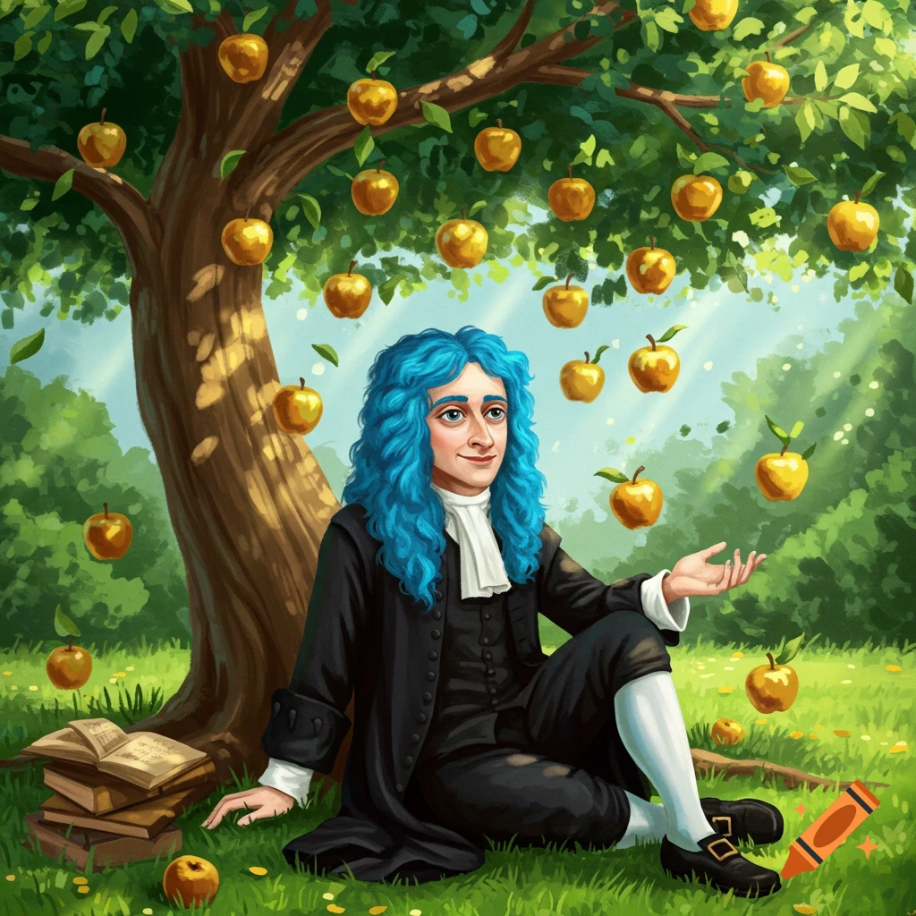 An illustration of Isaac Newton with blue hair, sitting under an apple tree in a grassy field with books, as golden apples fall around him.