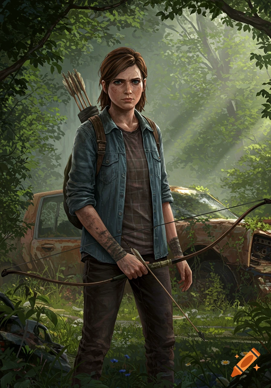 Ellie Williams from The Last of Us, standing in a lush forest holding a bow and arrow with a rusted car behind her. Illustrated style.