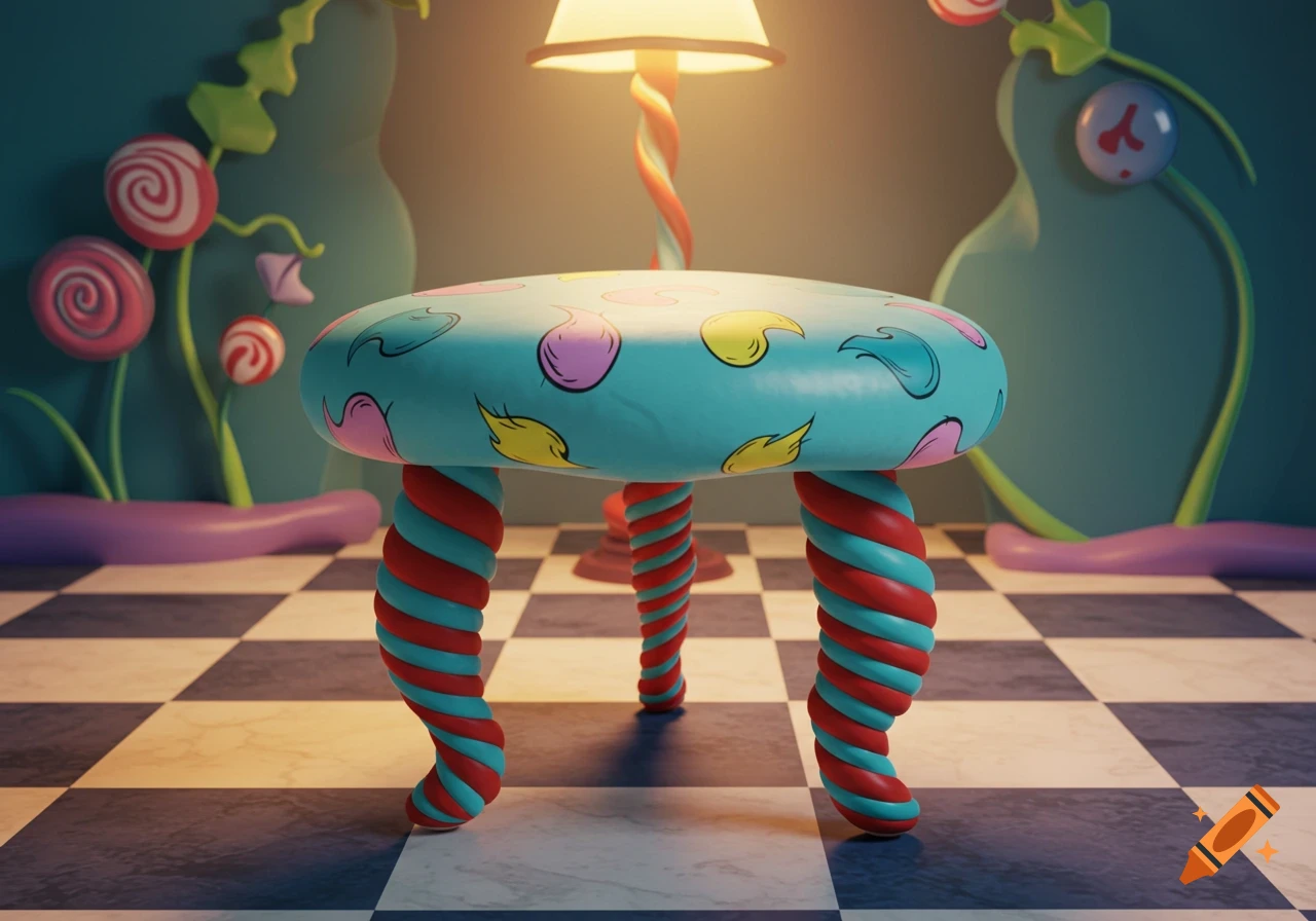 A whimsical, Dr. Seuss-inspired stool with twisted red and blue legs and a light blue seat patterned with colorful shapes, in a fantastical room.