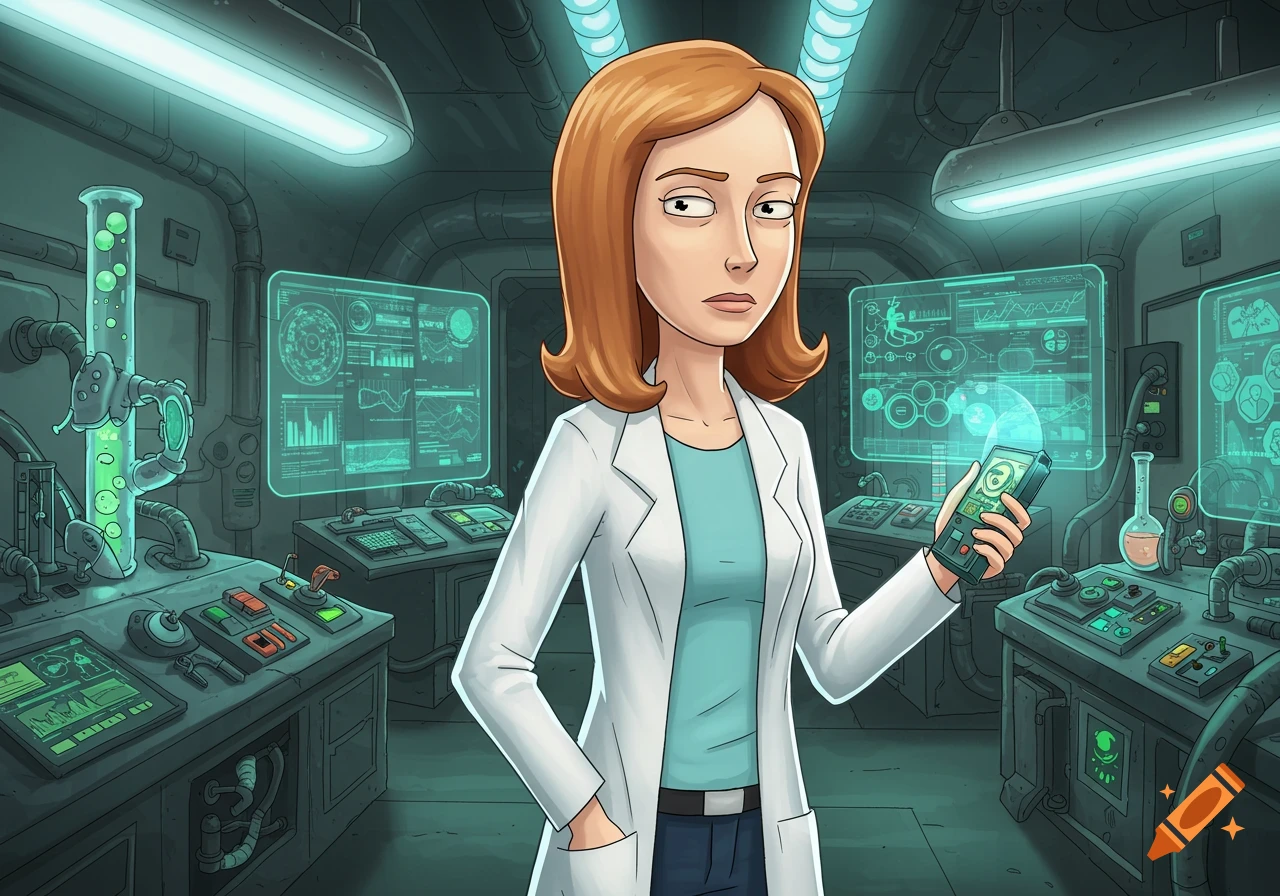 Beth Smith from Rick and Morty stands in a sci-fi lab, holding a device, in a cartoon style.